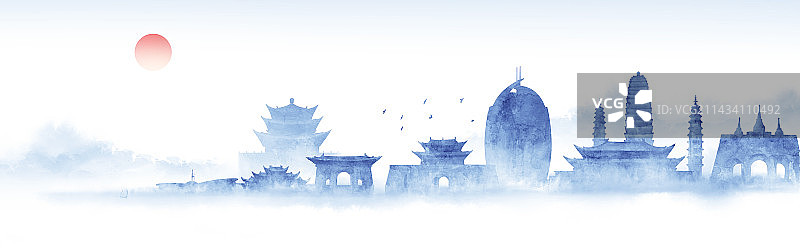 手绘大理建筑插画图片素材