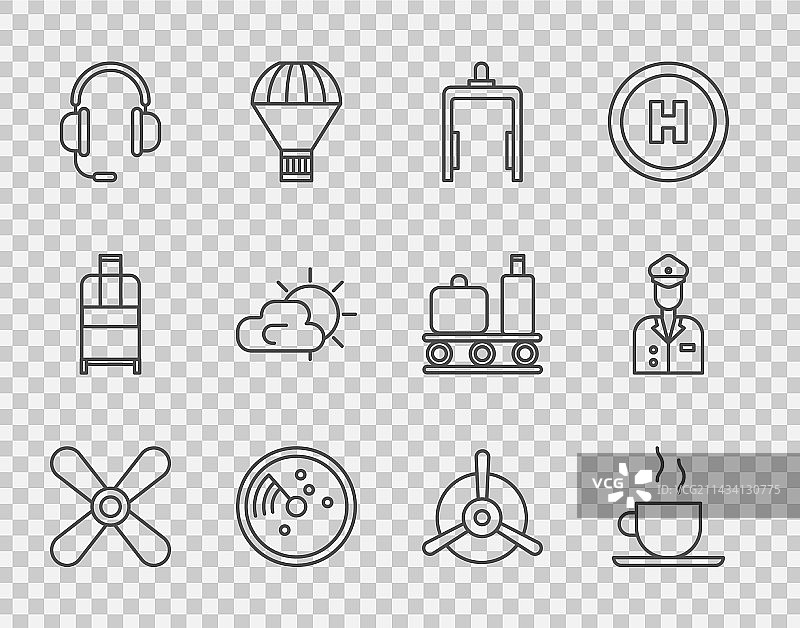 飞机、螺旋桨和咖啡杯图标合集图片素材