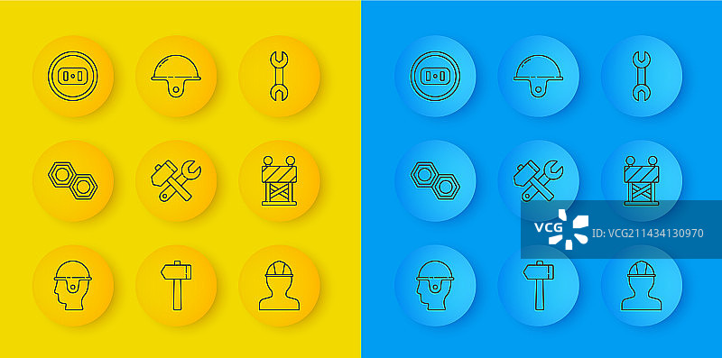 工人安全帽六角金属螺母线条图标集合图片素材