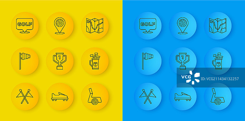 高尔夫旗帜、奖杯和高尔夫球杆图片素材