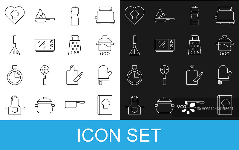 烹饪书、烤箱手套、烹饪锅、胡椒线条图片素材