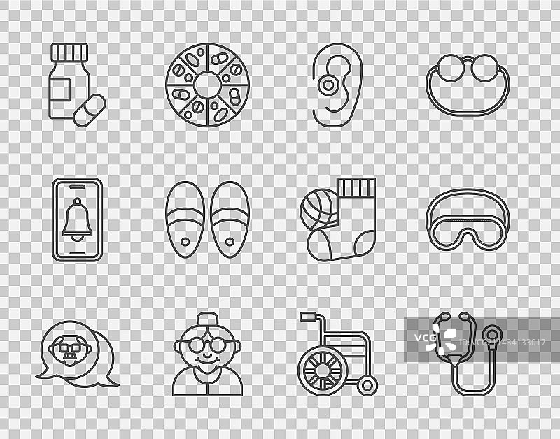 爷爷奶奶与听诊器助听器线条插画图片素材