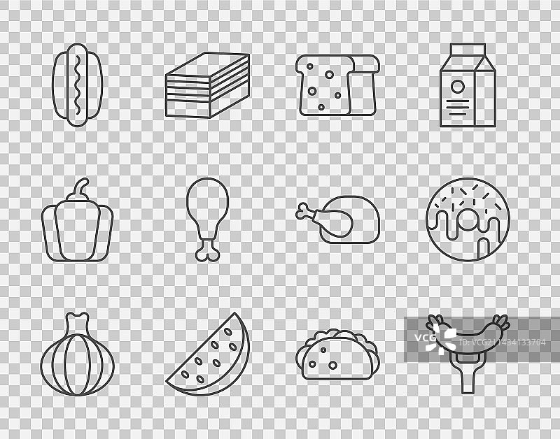 洋葱、香肠、叉子、面包和吐司线条合集图片素材