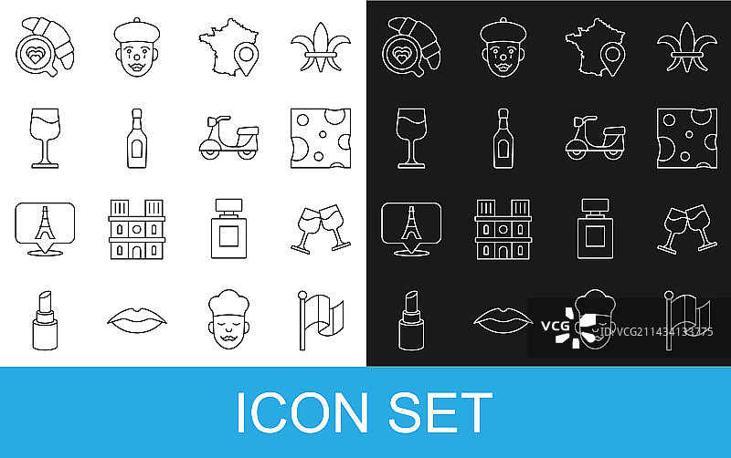 法国旗帜葡萄酒杯奶酪地图线条图标图片素材