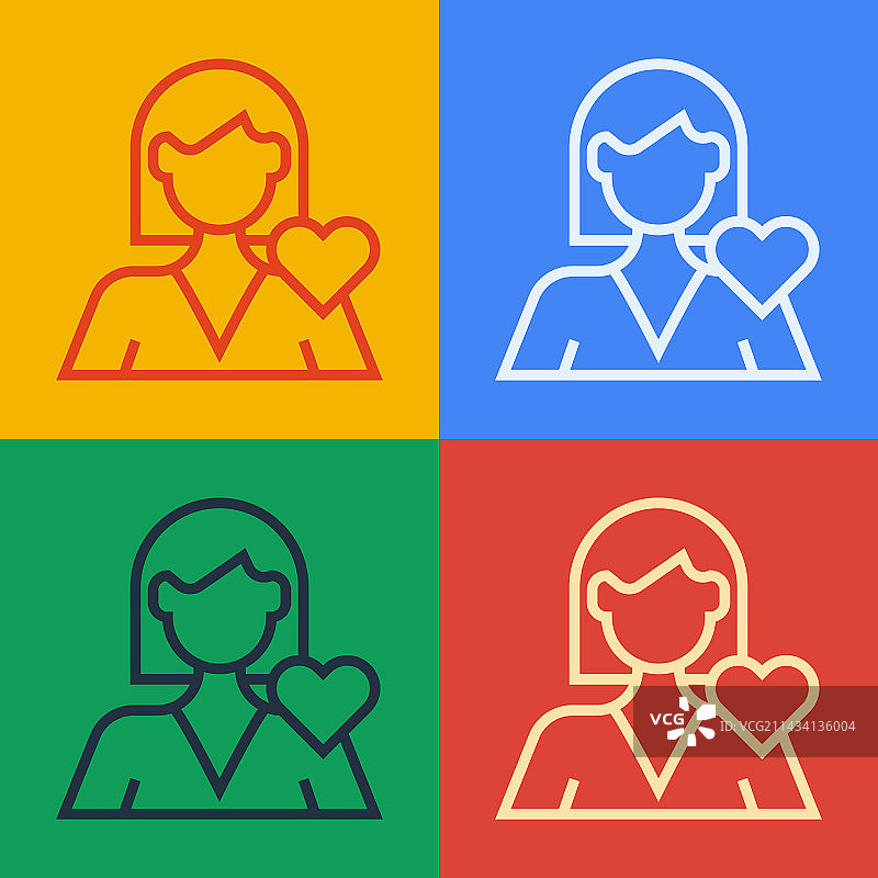 彩色背景上的波普艺术风格浪漫女孩图标图片素材