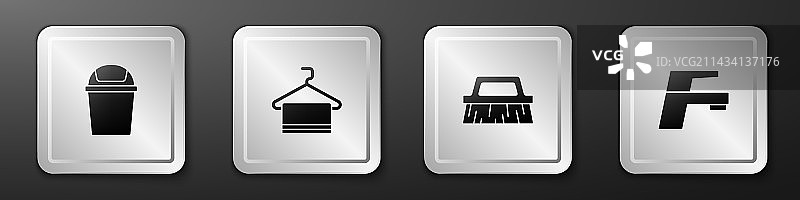 垃圾桶、挂在衣架上的毛巾、清洁刷素材图片素材