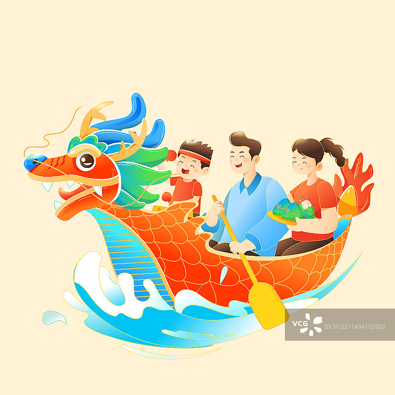 卡通端午节粽子美食餐饮送礼家人亲子赛龙舟团圆吃饭聚餐电商消费券促销传统习俗古建筑国潮中国风矢量插画图片素材