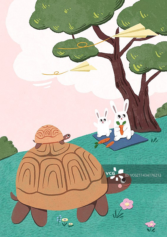 手绘童趣可爱乌龟和兔子图片素材