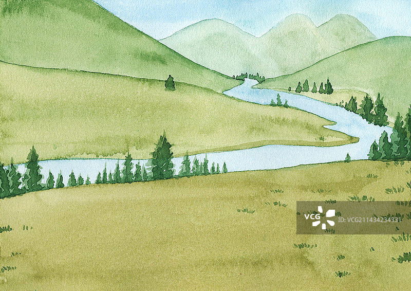 青山绿水手绘图片素材