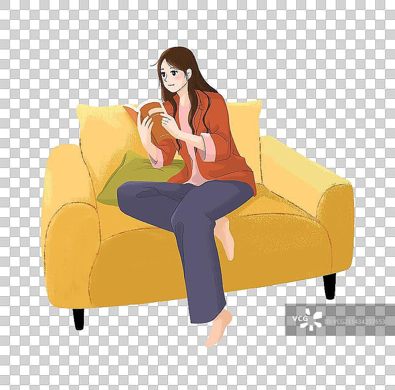 治愈系小清新插画一个知性女人坐在沙发上看书图片素材