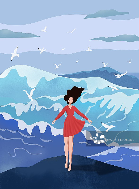 站在海浪前被风吹起长发红裙的女子图片素材