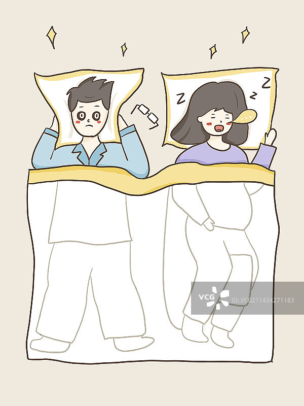 女人打鼾男人无法入睡的挣扎场景插画图片素材