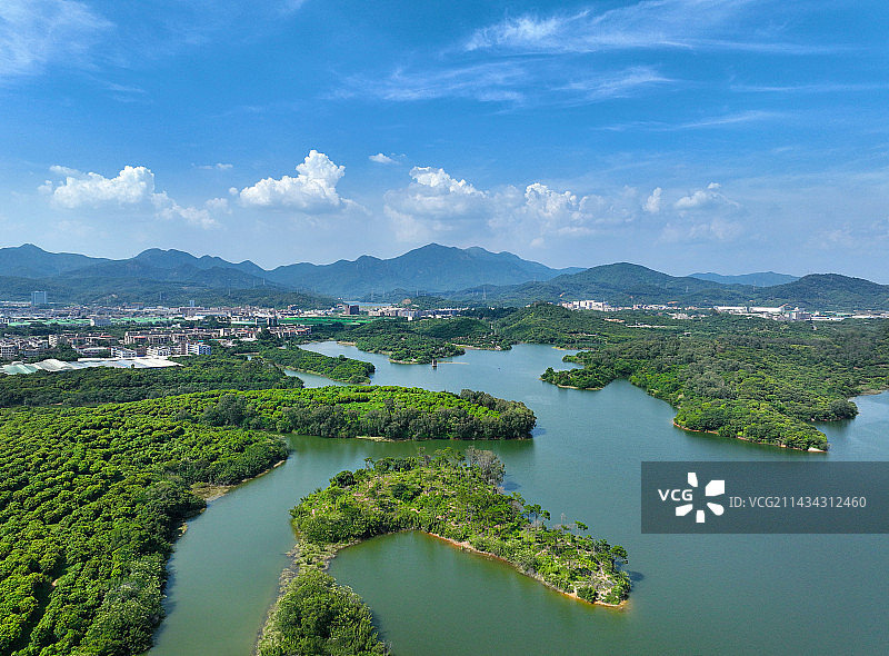广东省东莞市清溪镇山水天地森林公园契爷石水库航拍图片素材