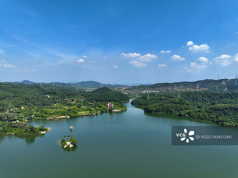 广东省东莞市清溪镇山水天地森林公园契爷石水库航拍图片素材
