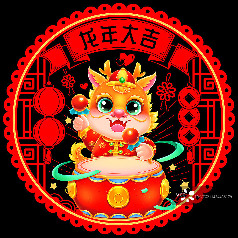 传统龙年大吉打鼓窗花图片素材