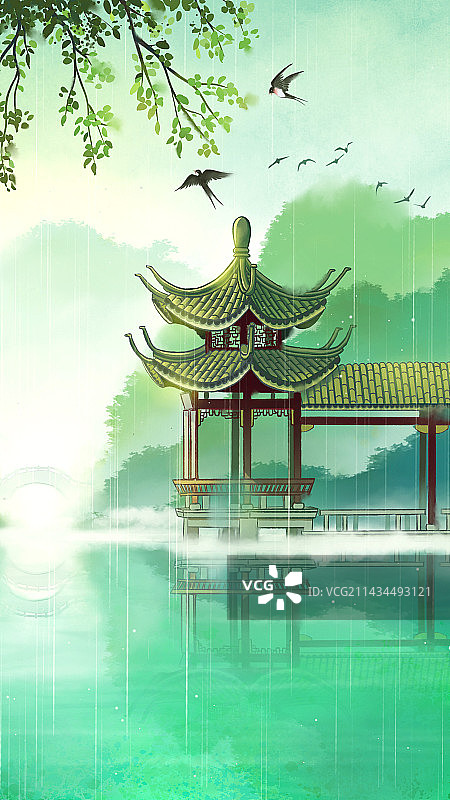 西湖古亭春天古风手绘插画图片素材