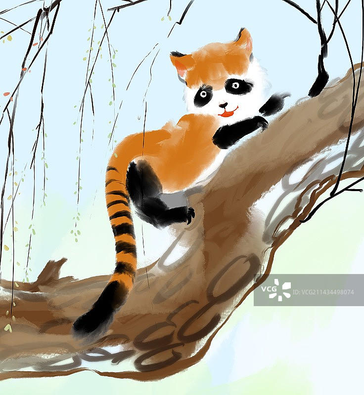 小浣熊小熊猫中国风系列插画水墨肌理国际生物多样性日图片素材
