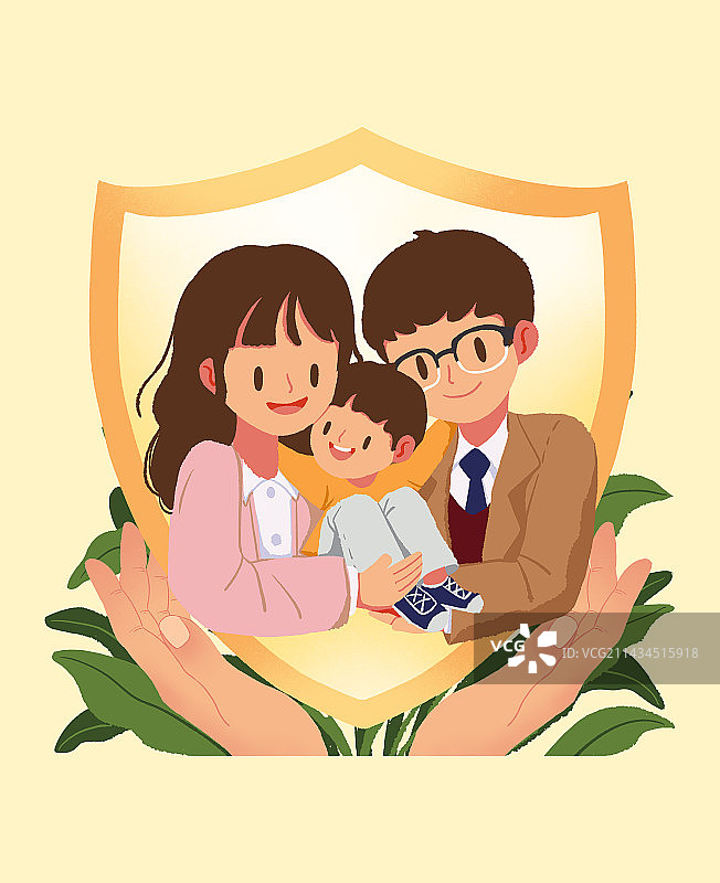 一家三口手捧保护盾插画图片素材