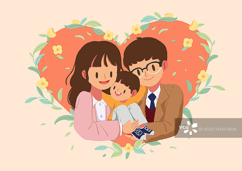 一家三口甜蜜爱心插画图片素材