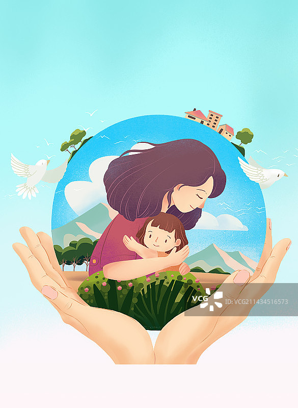 手捧地球母女拥抱母亲节插画图片素材