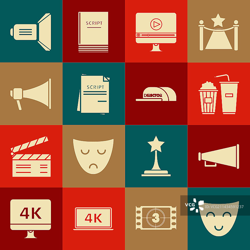 喜剧面具、扩音器和爆米花合集图片素材