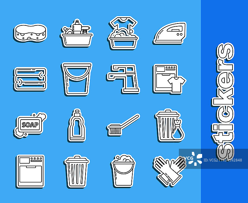 垃圾桶垃圾袋橡胶手套线条组合图片素材