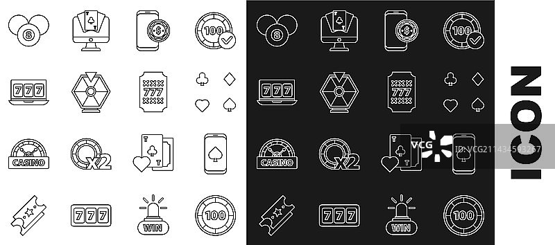 赌场筹码、在线扑克和牌桌游戏图标集图片素材