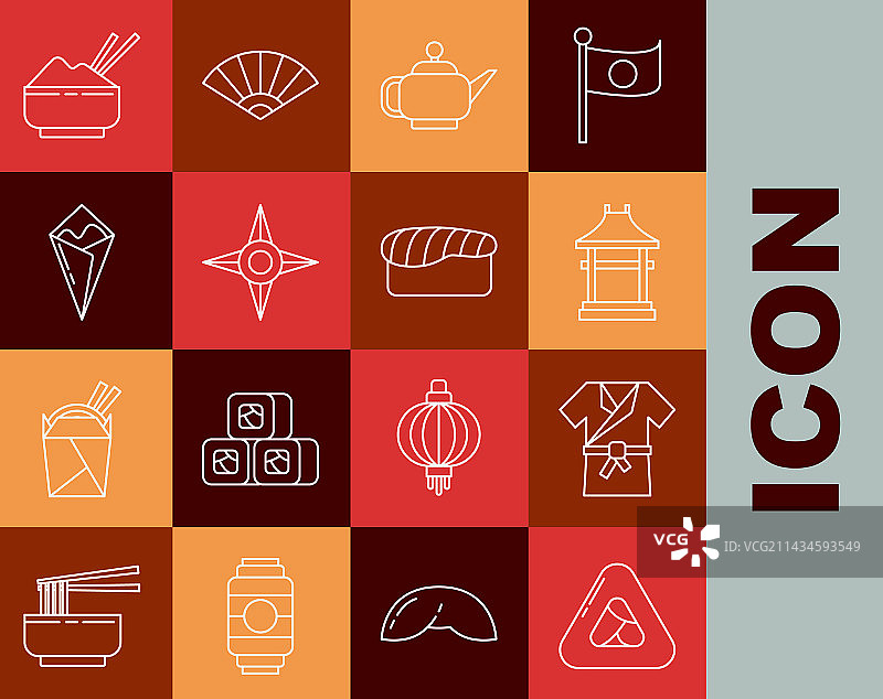 线条图案：寿司、日式服装、和服、门与茶图片素材