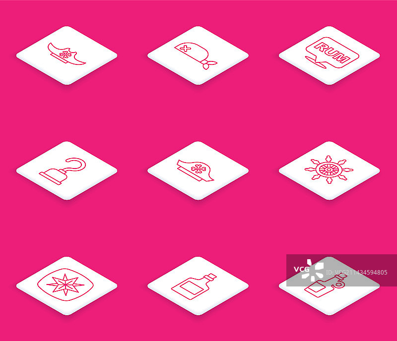 海盗帽头巾酒线性图标组合图片素材