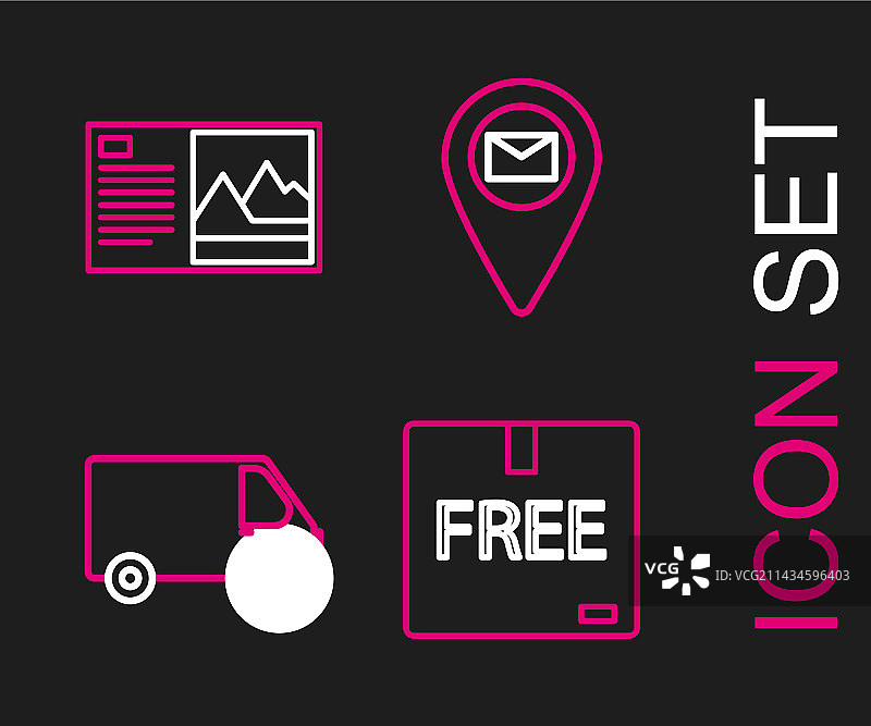 带有免费标志的纸板箱配送线条图标合集图片素材