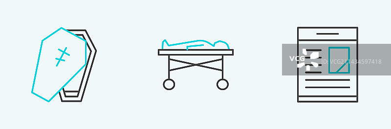 讣告带十字架的棺材和死者线性图标图片素材