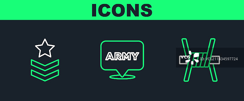 带刺铁丝网、军衔和军队图标图片素材