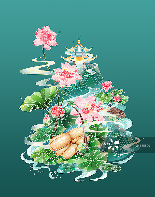 中国风国潮藕粉荷花莲藕插画图片素材