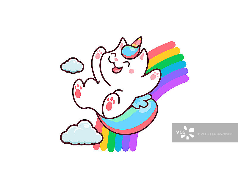 卡通可爱卡哇伊猫独角兽骑在彩虹上图片素材