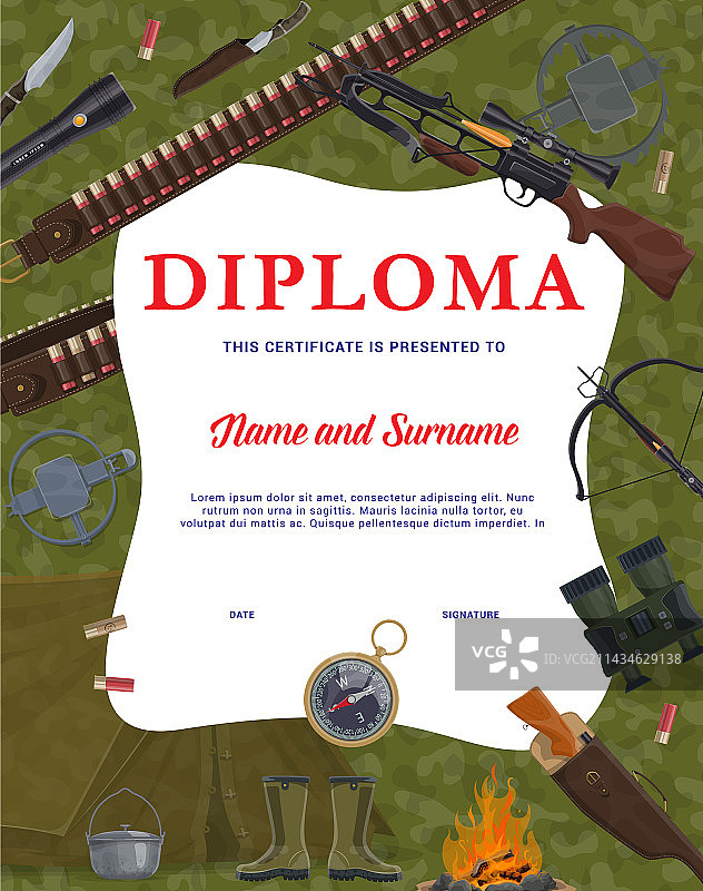 带狩猎设备和武器的文凭图片素材