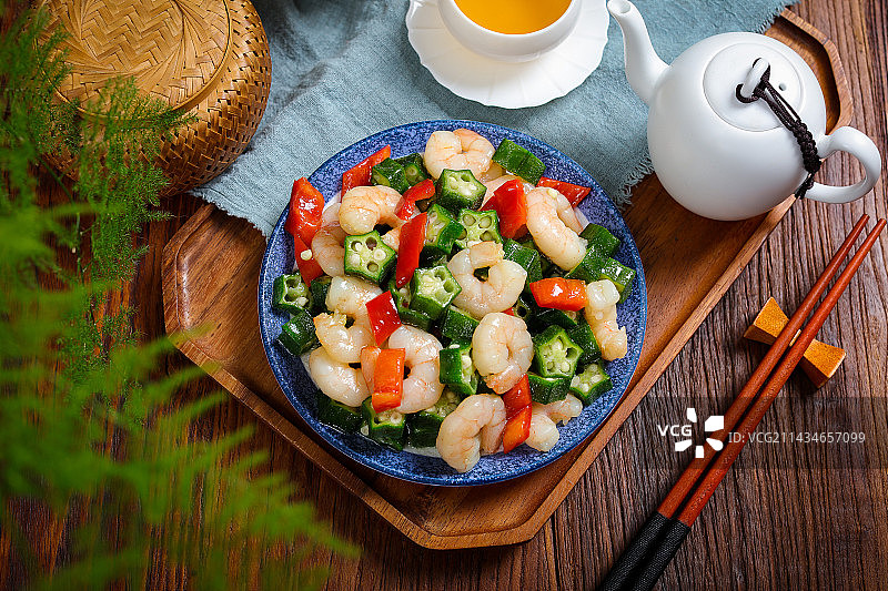 美味家常菜秋葵炒虾仁图片素材