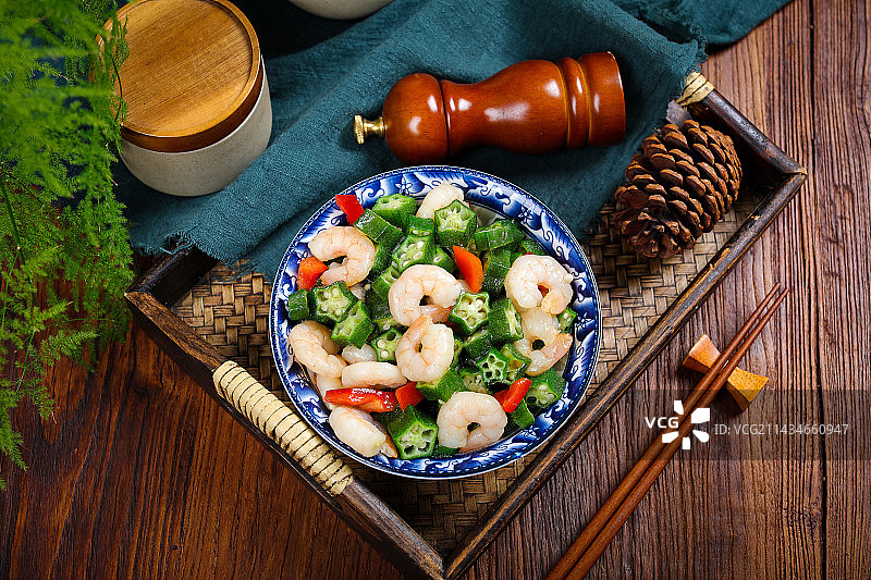 家常小炒菜肴小炒秋葵虾仁图片素材