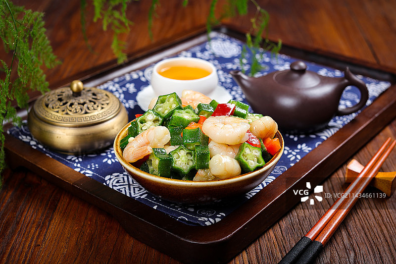 营养美味特色菜秋葵拌虾仁图片素材