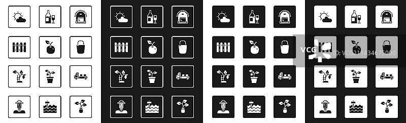 农舍、苹果园、栅栏和阳光套装图片素材