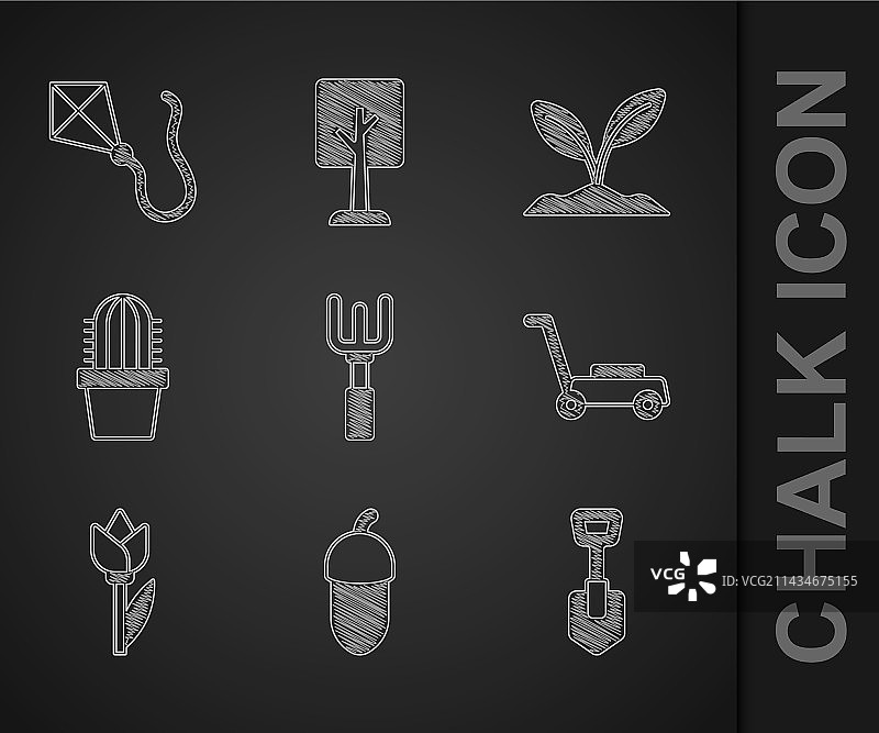 花园工具套装：耙子、橡果、铲子和割草机图片素材