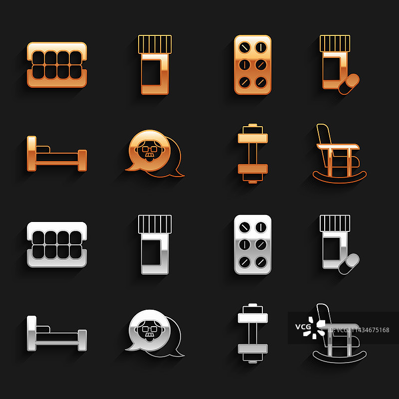 祖父的药瓶、药丸和摇椅套装图片素材