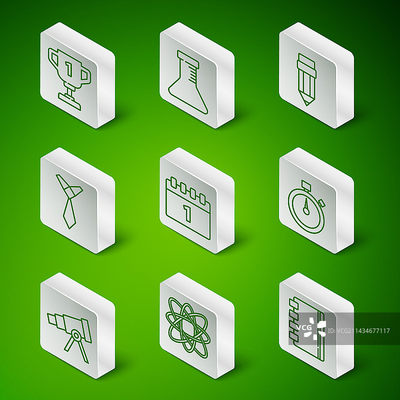 螺旋笔记本、原子模型与奖杯图片素材