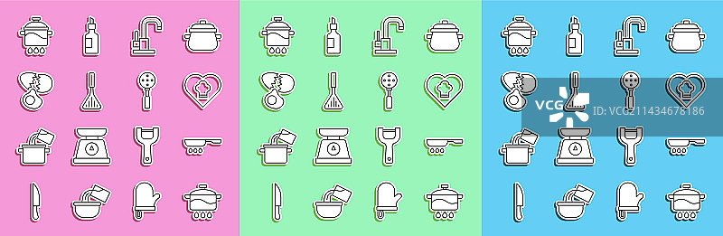 烹饪锅、煎锅和厨师帽线条集图片素材