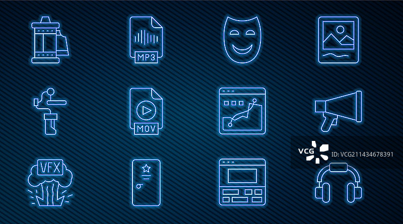 带扩音器和喜剧剧院面具的耳机线条图标图片素材