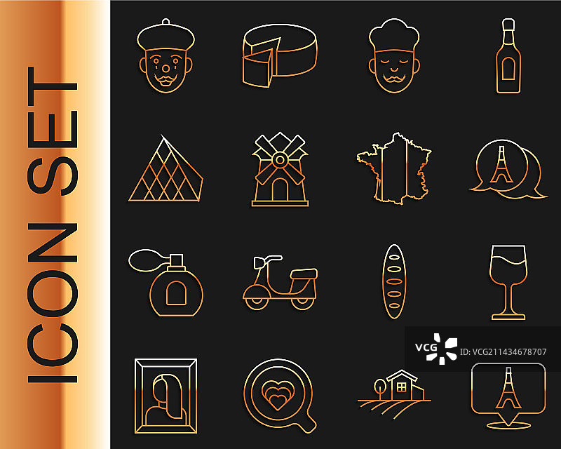 埃菲尔铁塔葡萄酒杯厨师风车线条图片素材