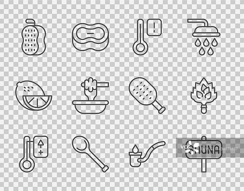 桑拿温度计木勺和毛巾图片素材