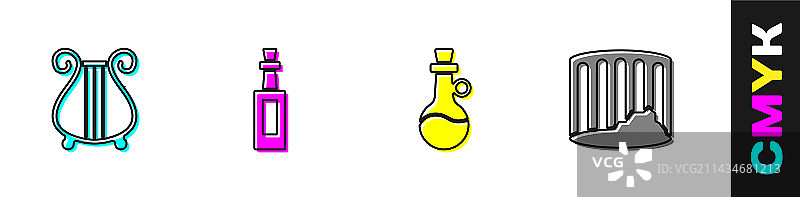 古代七弦琴橄榄油瓶和柱子组合图片素材