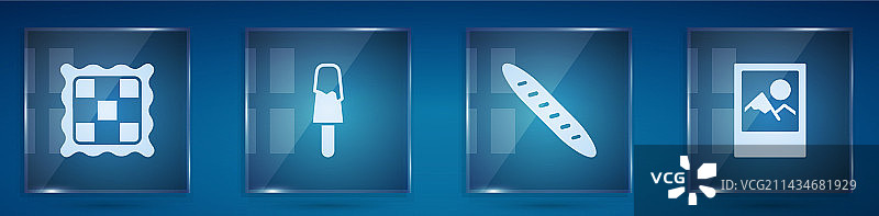 格子餐巾、冰淇淋和法式长棍面包图片素材