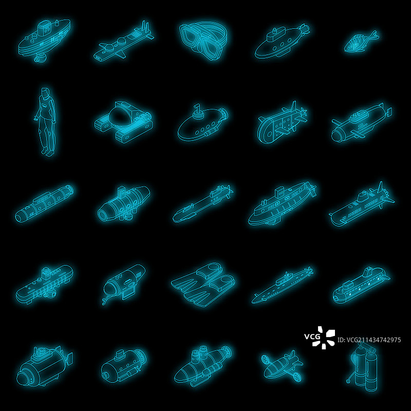 深海潜水器图标霓虹灯套装图片素材