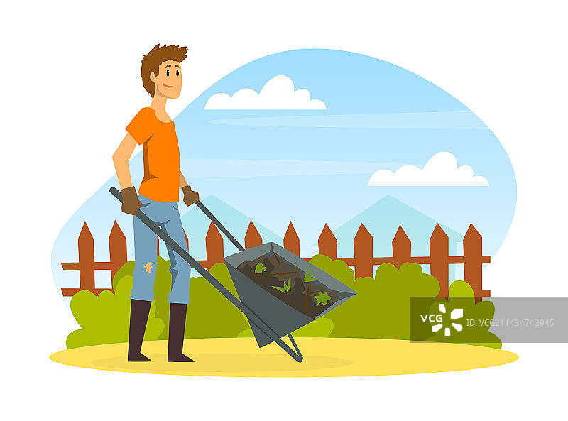 推着装满泥土手推车的卡通农民图片素材